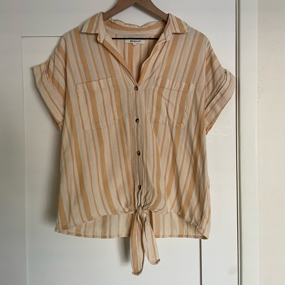 Rip Curl Striped Tie-Front Button-Down Top - Cream & Tan